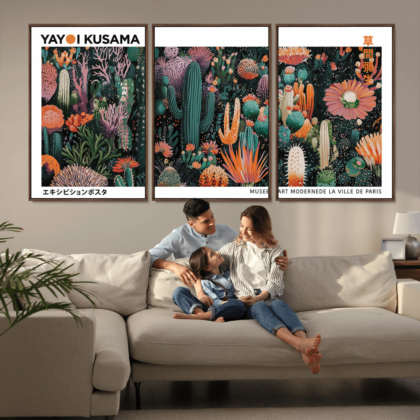 MGV-FC-60X30-3P - Modern Japanese Wall Art Print, Yayoi Kusama Print Wall Decor, Abstract Mount Fuji Canvas Print,