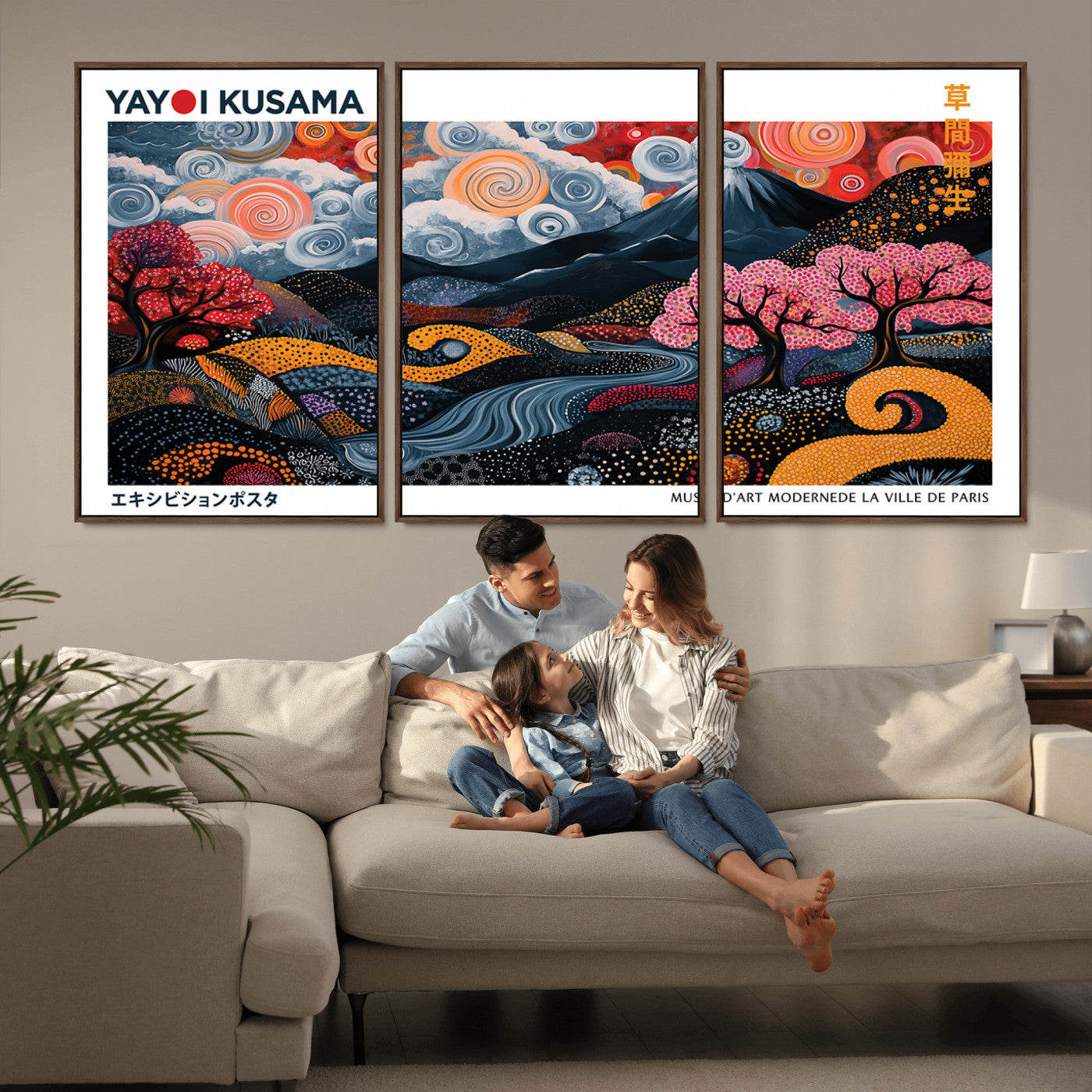 MGV-FC-60X30-3P - Modern Japanese Wall Art Print Yayoi Kusama Canvas Wall Art Abstract Mount Fuji Canvas Print