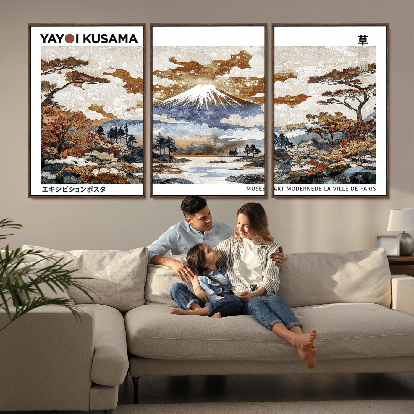 MGV-FC-60X30-3P - Modern Japanese Wall Art Print Yayoi Kusama Canvas Wall Art Abstract Mount Fuji Canvas Print