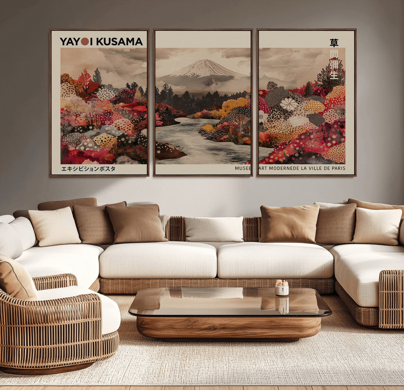 90660838-MGV-CV-36X24-Modern Japanese Wall Art Canvas Print – Framed Abstract Mount Fuji Scene with Yayoi Kusama Artwork for Home, Office