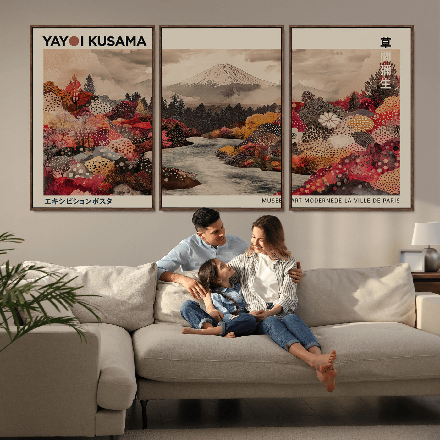 MGV-FC-60X30-3P - Modern Japanese Wall Art Print Yayoi Kusama Canvas Wall Art Abstract Mount Fuji Canvas Print