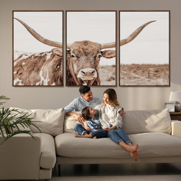 Longhorn Bull Photo Wall Art Canvas Print, Framed Rustic Cow Art Picture Print, Neutral Farmhouse Perfect Rustic Neutral Farmhouse Decor