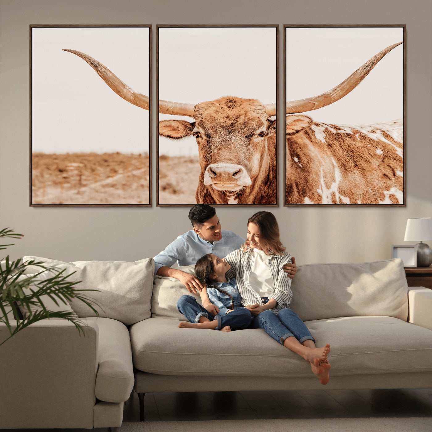 MGV-FC-60X30-3P - Longhorn Bull Wall Art Canvas Print, Framed Western Cow Art Picture Print, Rustic Farmhouse Perfect Neutral Farmhouse Decor Artwork