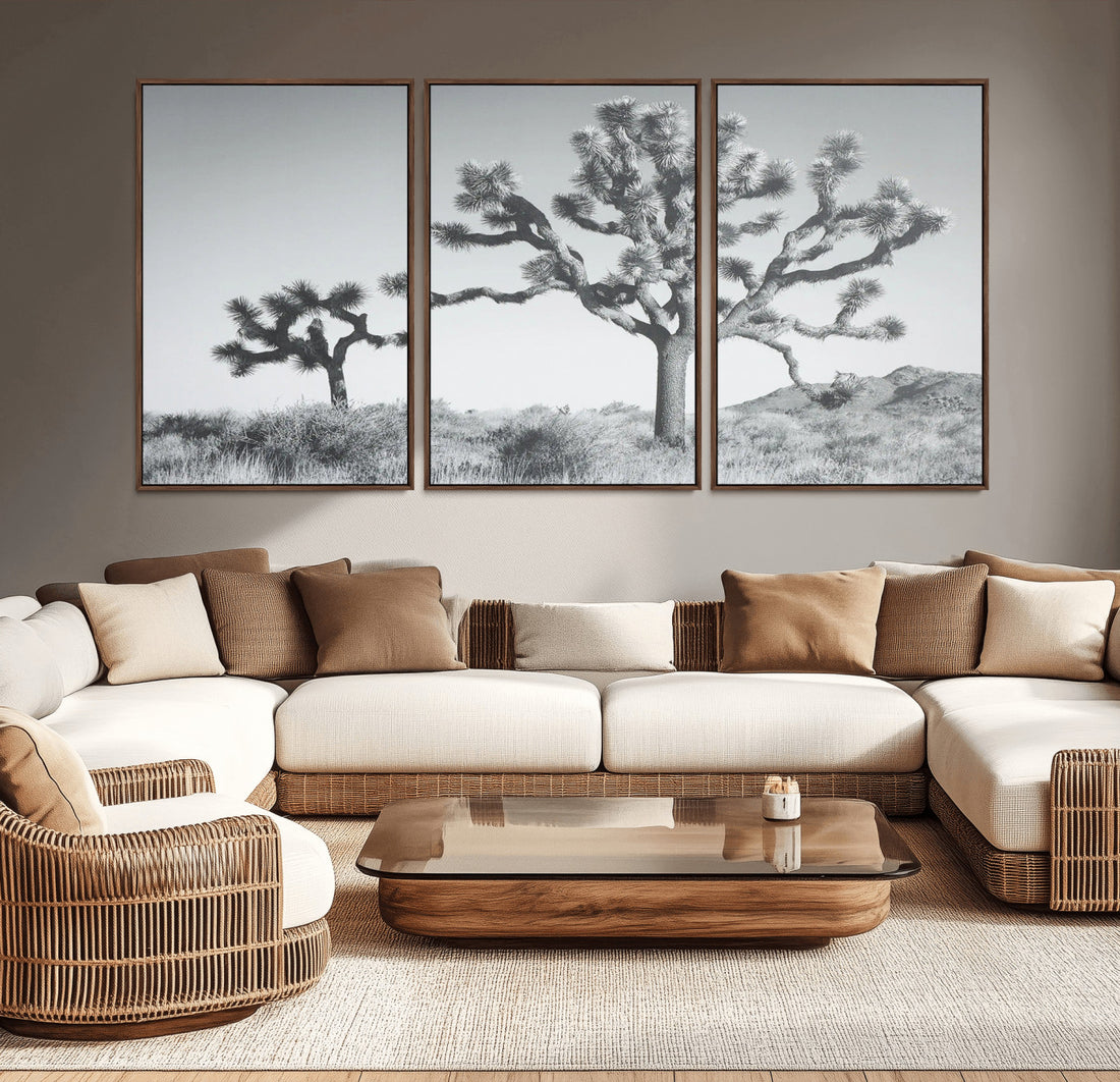 Joshua Trees Wall Art Canvas Print, Framed Black and White Desert Hills Landscape