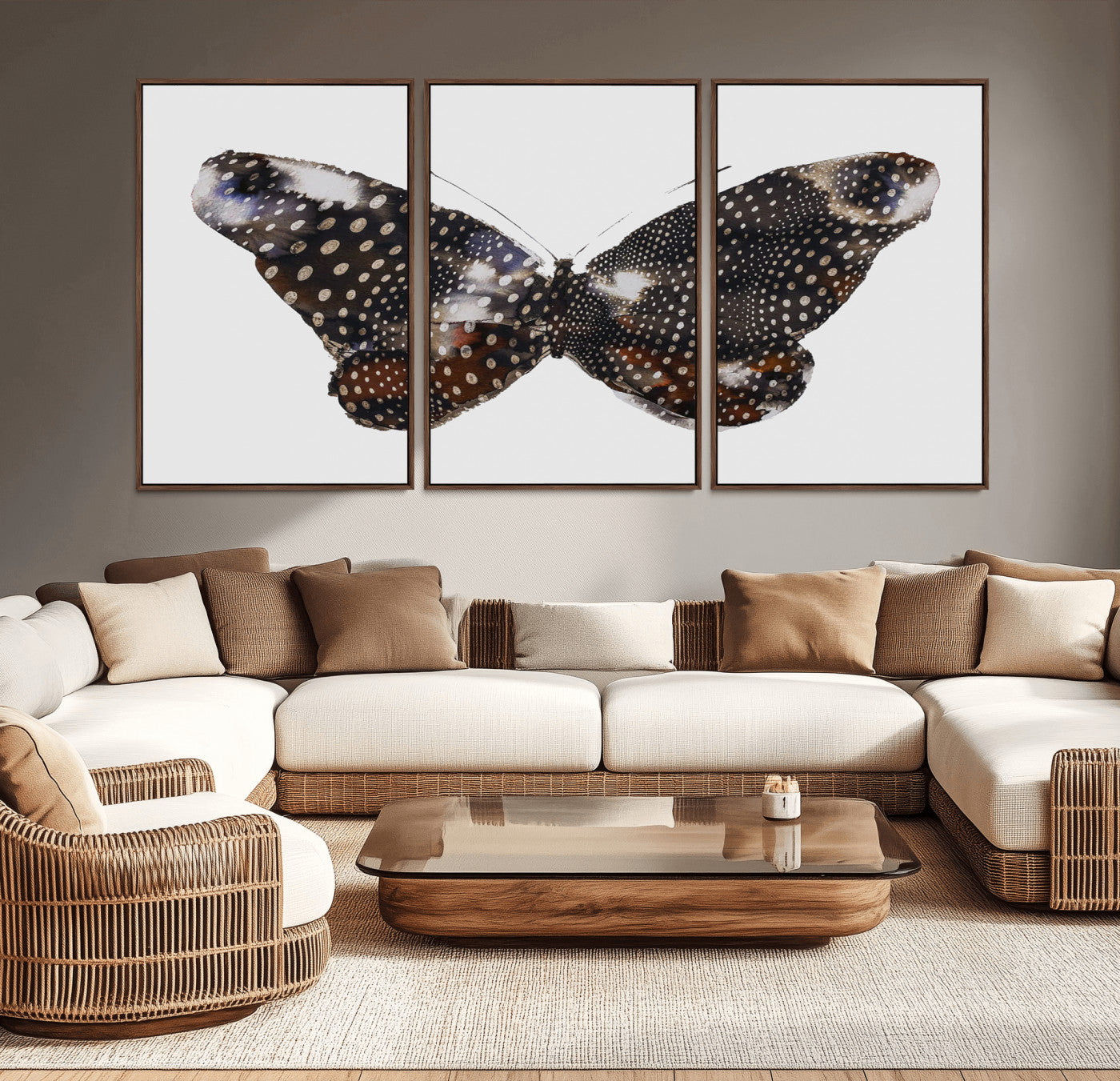 MGV-FC-60X30-3P - Spotted Butterfly Wall Art Canvas Print, Framed Neutral Insect Theme Art Picture Print, Earthy Wing Pattern Perfect Modern Rustic Decor Artwork