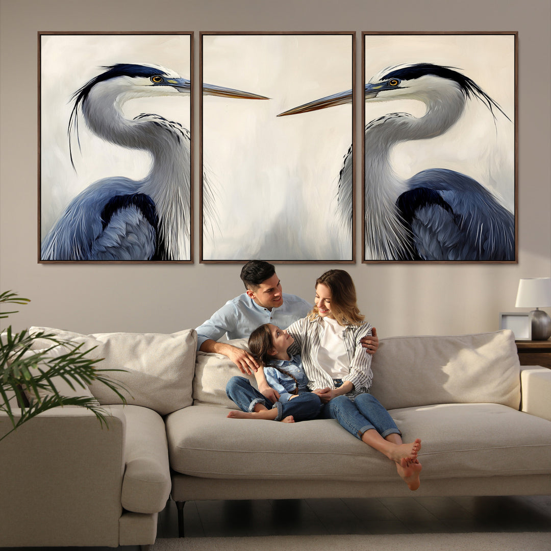 Blue Heron Pair Wall Art Canvas Print, Coastal Bird Theme Print, Framed Tranquil Wildlife Scene Art Print, Large Nature Inspired Decor Printing