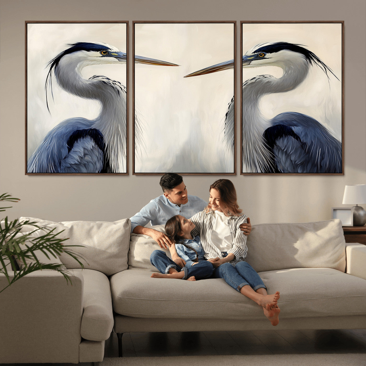 MGV-FC-60X30-3P - Blue Heron Pair Wall Art Canvas Print, Framed Coastal Bird Theme Art Picture Print, Tranquil Wildlife Scene Perfect Coastal Minimalist Decor Artwork