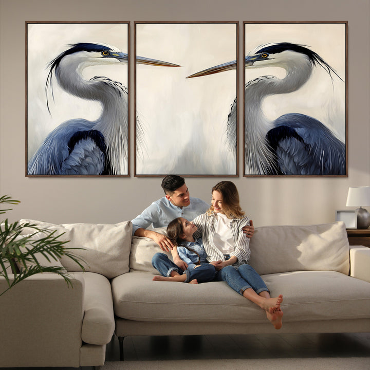 Blue Heron Pair Wall Art Canvas Print, Coastal Bird Theme Print, Framed Tranquil Wildlife Scene Art Print, Large Nature Inspired Decor Printing