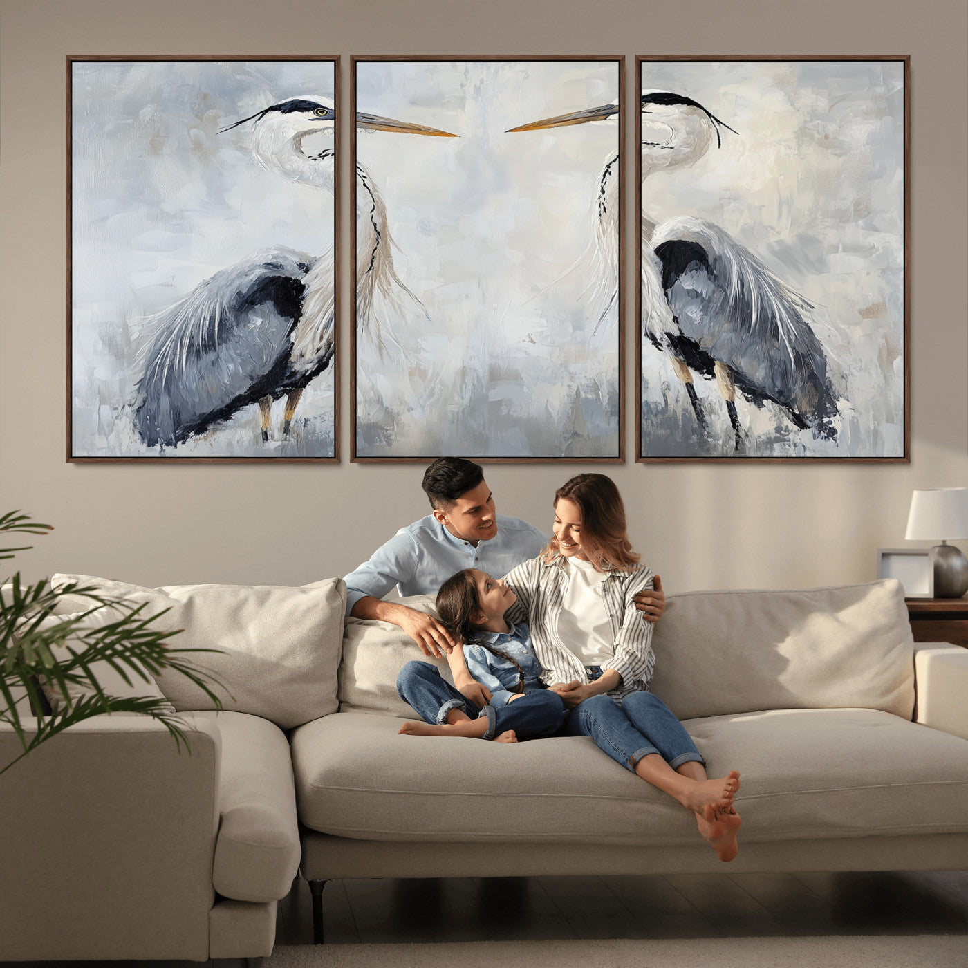MGV-FC-60X30-3P - Heron Wall Art Wall Art Canvas Print, Framed Bird Canvas Decor Art Picture Print, Nature Inspired Perfect Coastal Minimalist Decor Artwork