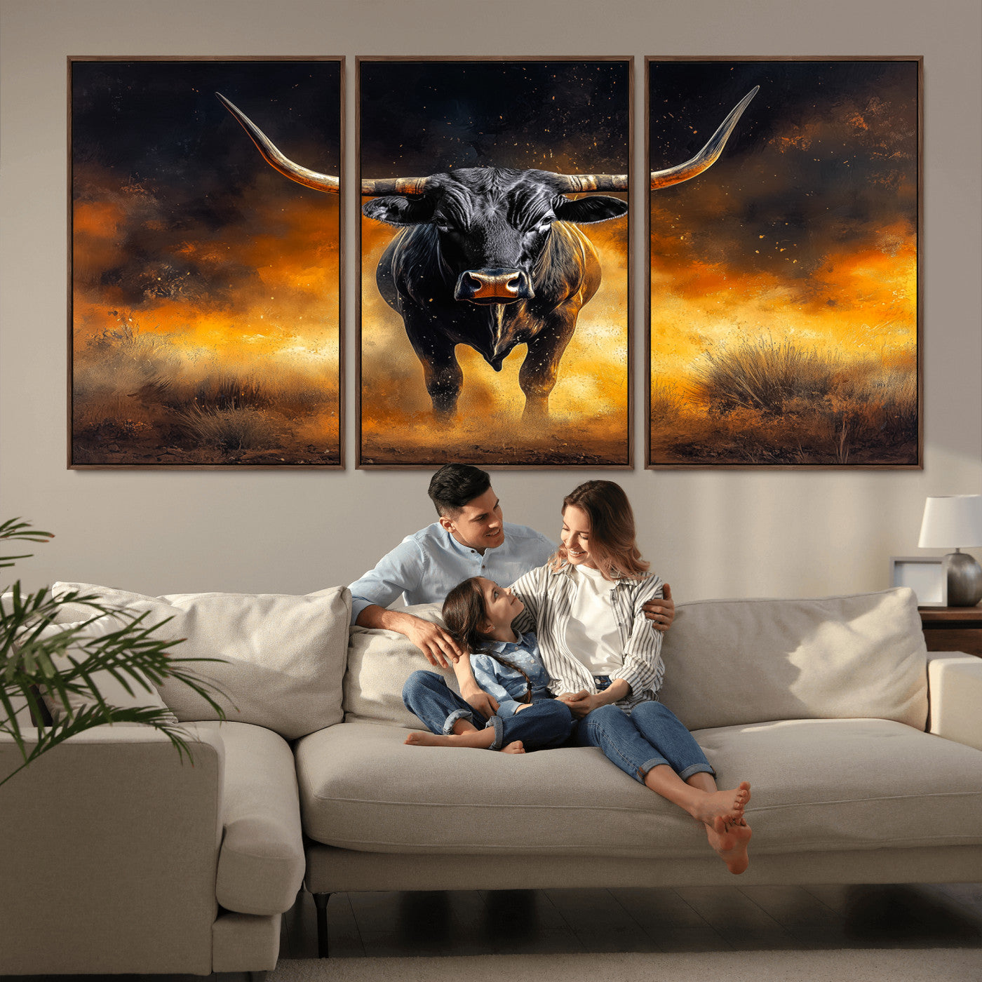 MGV-FC-60X30-3P - Longhorn Canvas Wall Art Canvas Print, Framed Bold Bull Wall Art Art Picture Print, Western Animal Decor Perfect Western Dramatic Decor Artwork