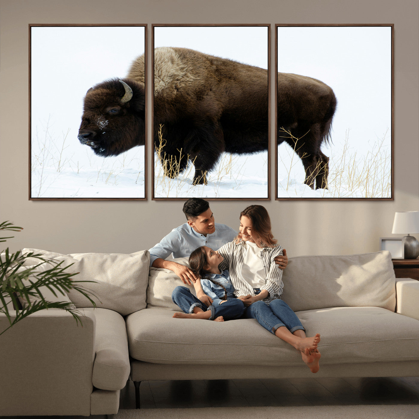 MGV-FC-60X30-3P - Bison Photography Wall Art Canvas Print, Framed Western Wildlife Art Picture Print, Buffalo On Snow Perfect Western Decor Artwork