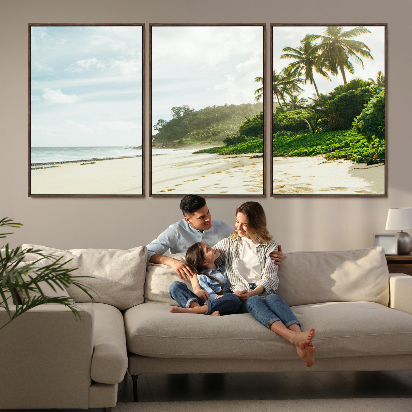 42984524-MGV-FC-60X30-3P_Walnut-Relaxing Beach Wall Art Canvas Print, Framed Ocean View Art Picture Print, Coastal Serenity Perfect Tropical Coastal Decor Artwork