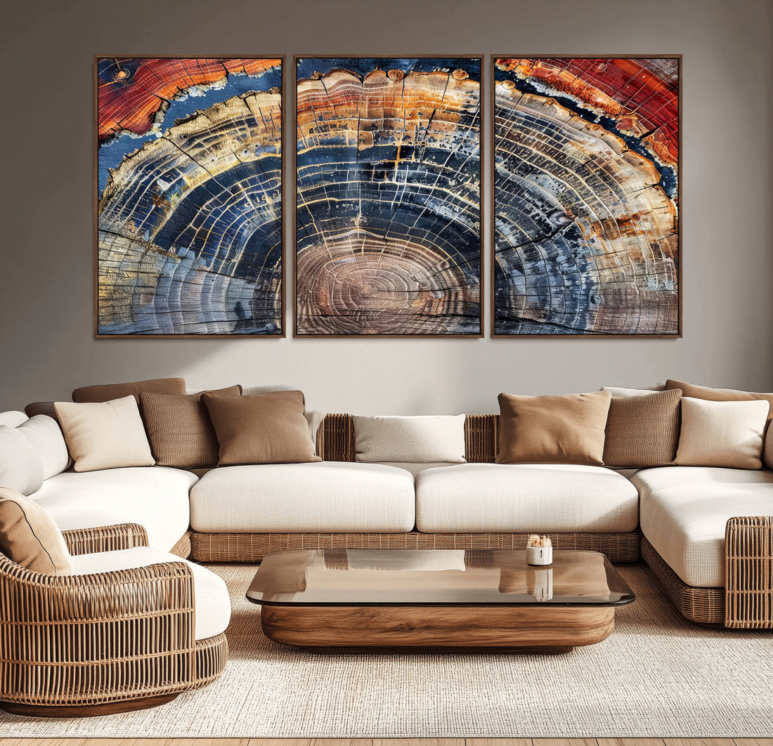 Tree Rings Wall Art Canvas Print, Framed Petrified Wood Modern Rustic