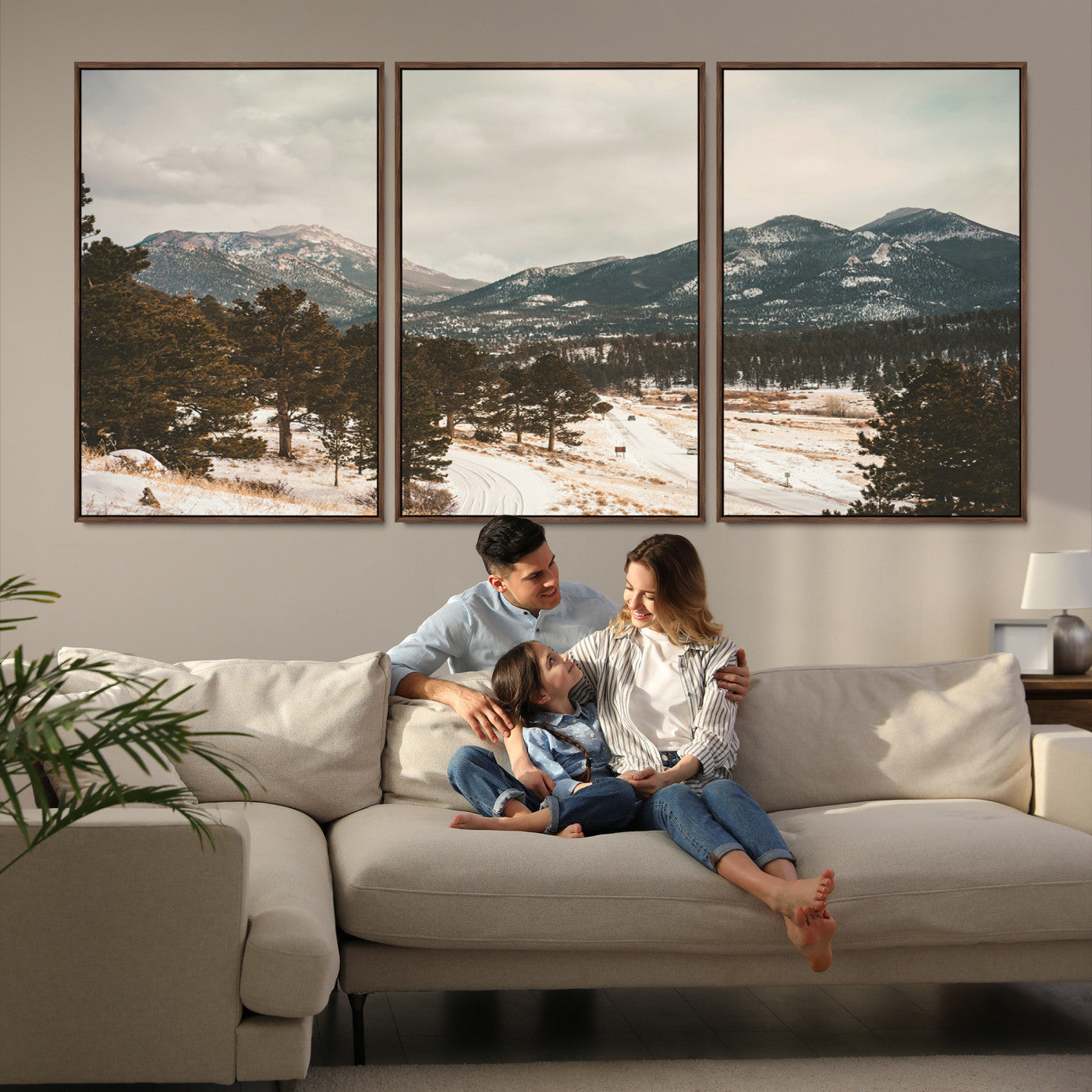 77311749-MGV-FC-60X30-3P_Walnut-Mountain Landscape Wall Art Canvas Print, Framed Snowy Peaks Art Picture Print, Alpine Aesthetic Perfect Rustic Winter Decor Artwork
