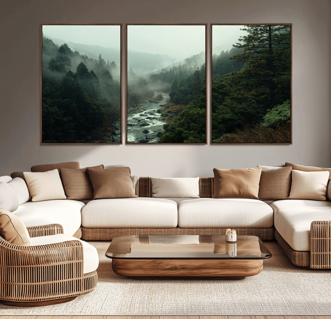 Misty Forest Wall Art Canvas Print, Framed Foggy River Moody Landscape