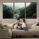 48497565-MGV-FC-60X30-3P_Walnut-Misty Forest Wall Art Canvas Print, Framed Foggy River Art Picture Print, Moody Landscape Perfect Wilderness Decor Artwork