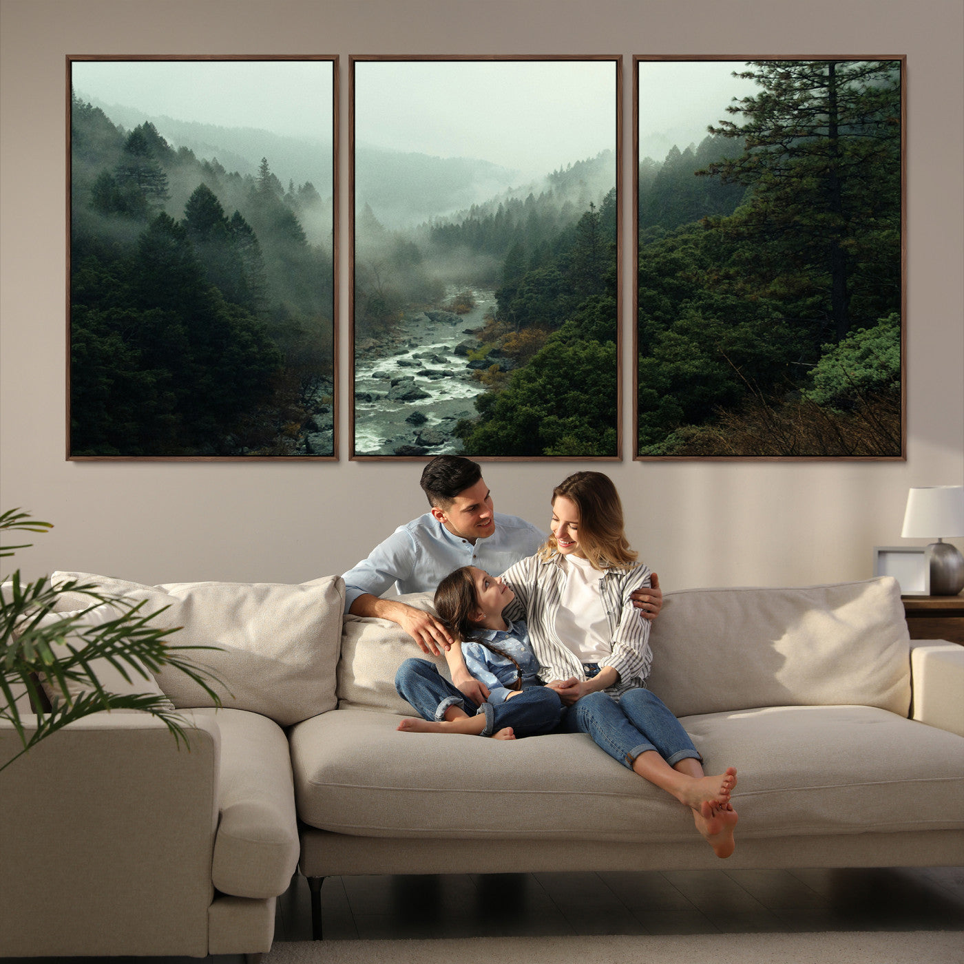 48497565-MGV-FC-60X30-3P_Walnut-Misty Forest Wall Art Canvas Print, Framed Foggy River Art Picture Print, Moody Landscape Perfect Wilderness Decor Artwork