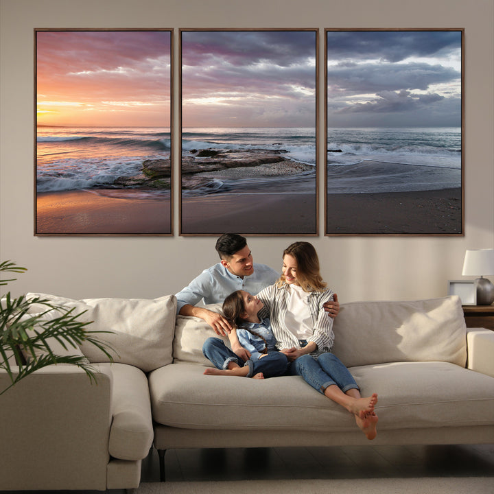 Golden Hour Wall Art Canvas Print, Framed Tranquil Waves Art Picture Print, Beach Perfect Coastal Serenity Decor Artwork