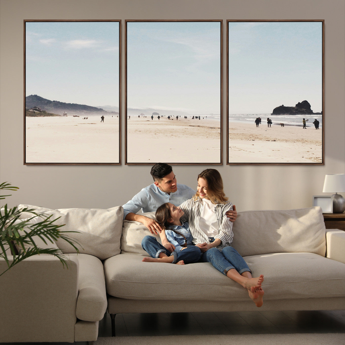 28307820-MGV-FC-60X30-3P_Walnut-Minimalist Beach Wall Art Canvas Print, Framed Coastal Serenity Art Picture Print, Soft Sand Perfect Coastal Decor Artwork