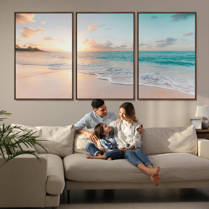Beach Sunset Wall Art Canvas Print, Framed Ocean Waves Art Picture Print, Summer Escape Perfect Coastal Decor Artwork