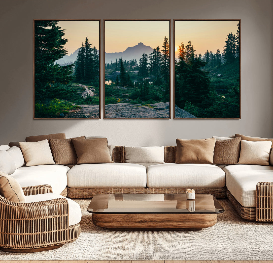 Mountain Wall Art Canvas Print, Framed Forest Serenity Golden Hour
