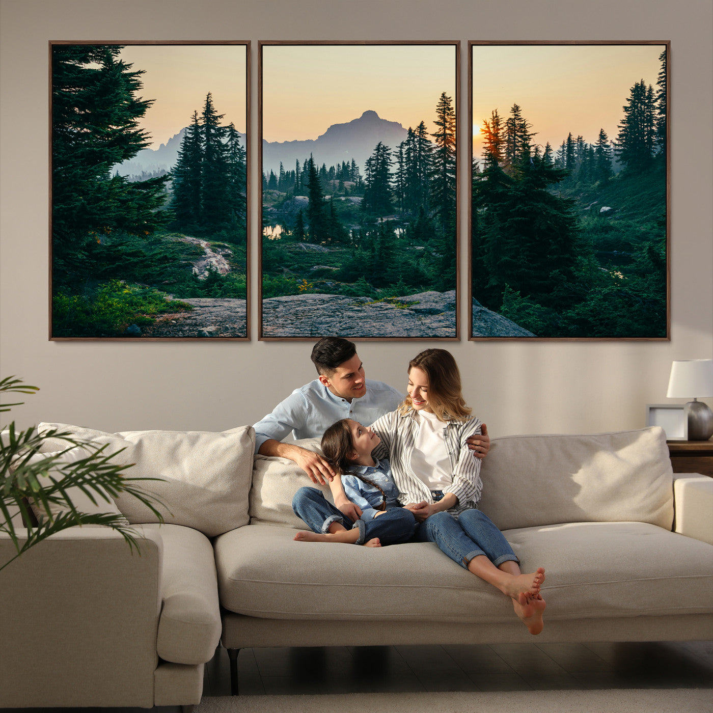 66397982-MGV-FC-60X30-3P_Walnut-Mountain Wall Art Canvas Print, Framed Forest Serenity Art Picture Print, Mountain Perfect Rustic Decor Artwork