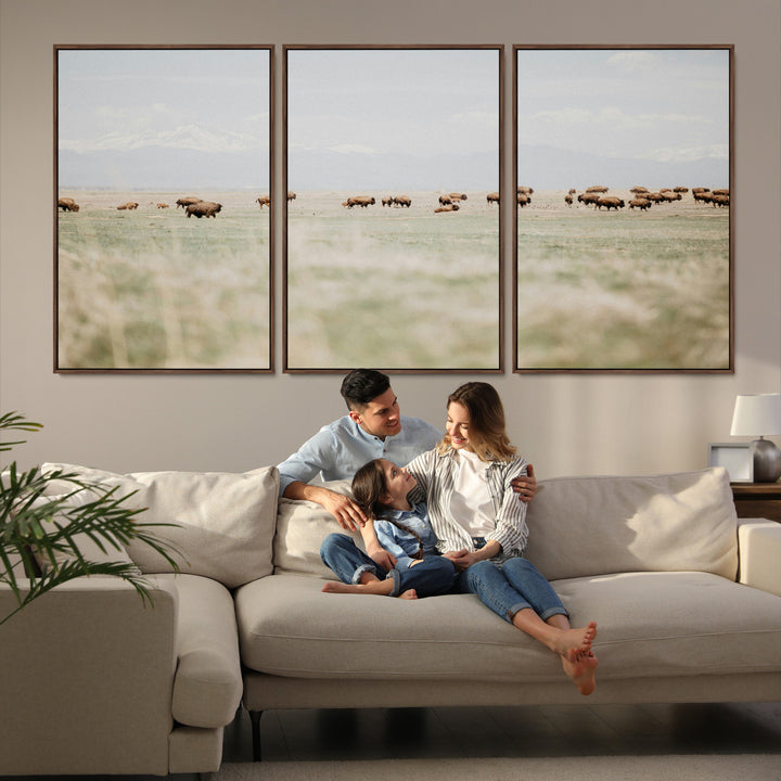 Bison Herd Wall Art Canvas Print, Framed Western Art Picture Print, Bison Perfect Ranch Decor Artwork
