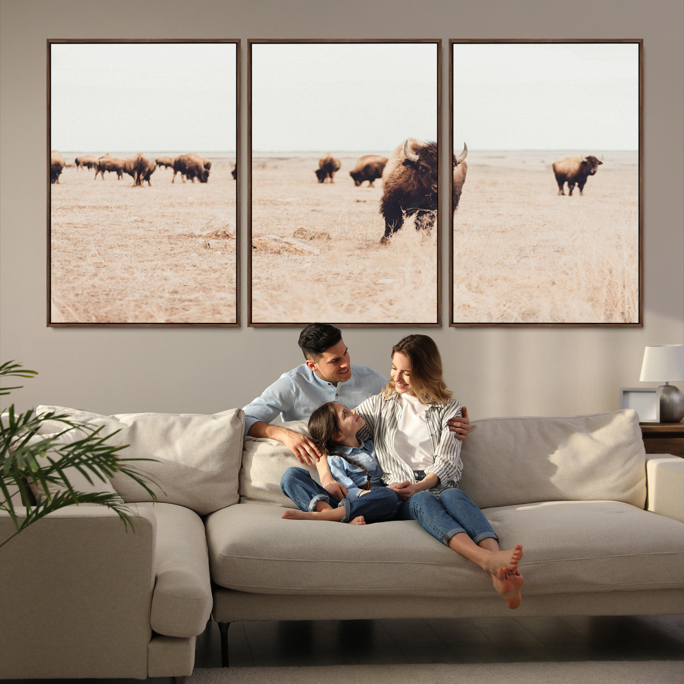 61367865-MGV-FC-60X30-3P_Walnut-Bison Herd Wall Art Canvas Print, Framed Western Art Picture Print, Prairie Serenity Perfect Ranch Decor Artwork
