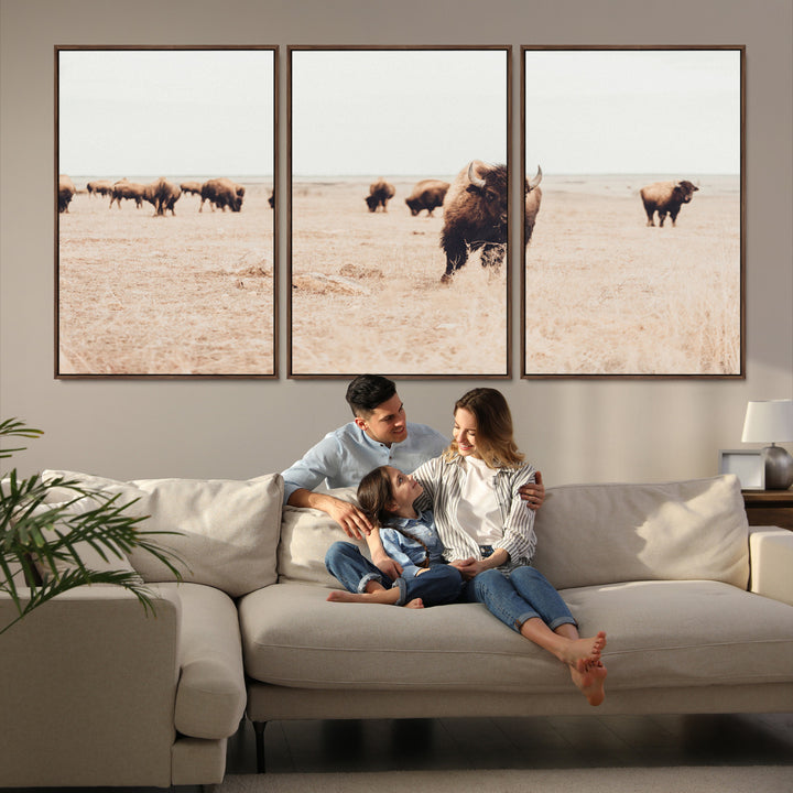 Bison Herd Wall Art Canvas Print, Framed Western Art Picture Print, Prairie Serenity Perfect Ranch Decor Artwork