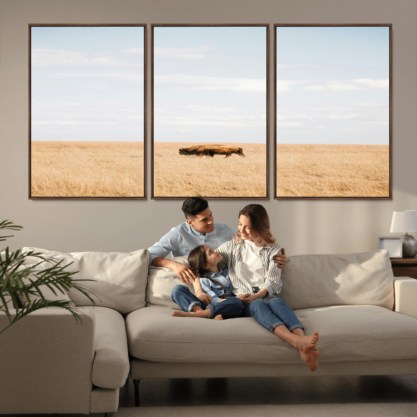 MGV-FC-60X30-3P - Minimalist Nature Wall Art Canvas Print, Framed Bison In Grassland Art Picture Print, Open Field Perfect Modern Ranch Decor Decor Artwork