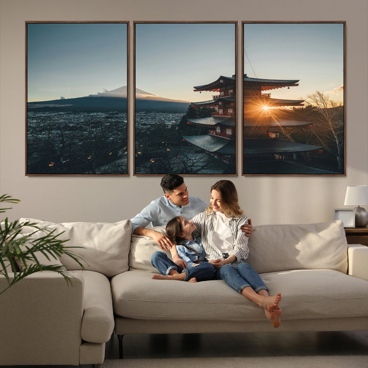 Chureito Pagoda at sunset with Mount Fuji in the background, city lights below, and golden sun rays, ideal for Japanese-inspired wall art.