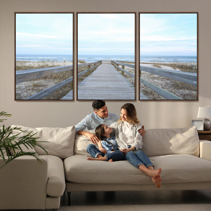 Beach Boardwalk Wall Art Canvas Print, Framed Coastal Serenity Art Picture Print, Ocean View Perfect Coastal Decor Artwork
