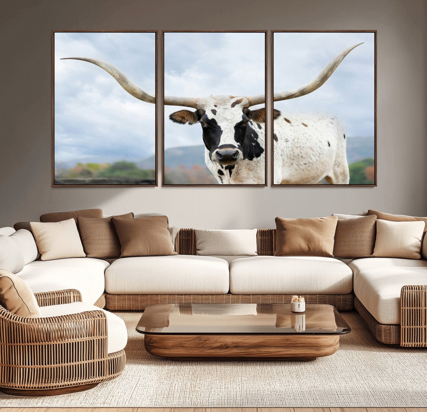 63592811-MGV-CV-36X24-Texas Longhorn Wall Art Canvas Print – Framed Western Rustic Farmhouse Nature Scene Artwork for Home Office