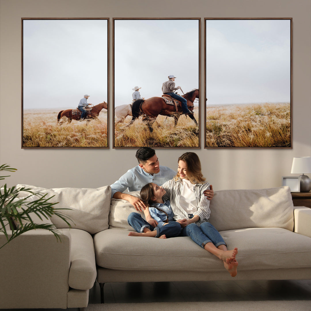 Three cowboys riding horses through a foggy prairie landscape, dressed in Western attire, evoking a rustic and adventurous Wild West aesthetic.