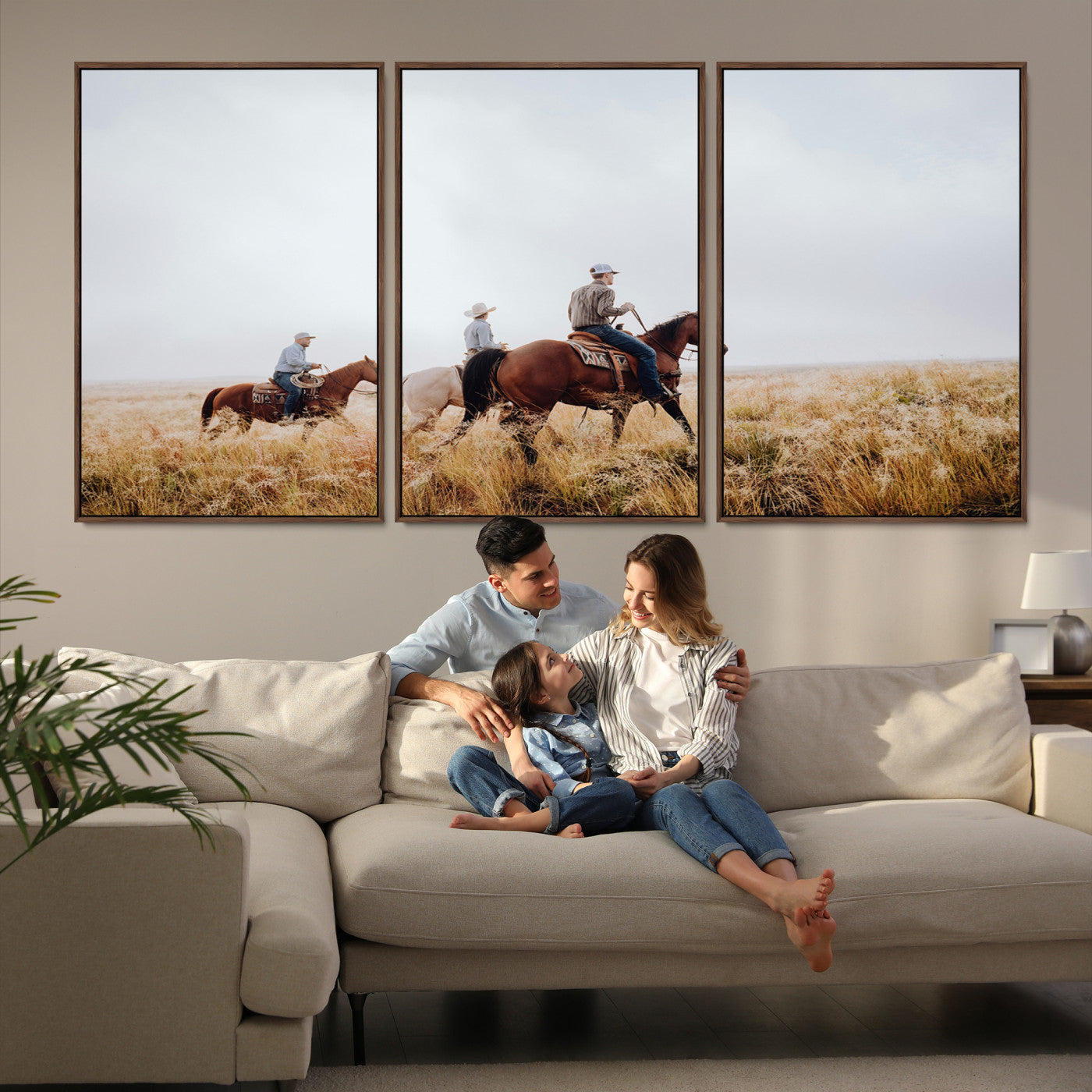 94723307-MGV-FC-60X30-3P-Western Cowboys Wall Art Canvas Print, Framed Rustic Prairie Art Picture Print, Horseback Riding Print Canvas, Perfect Rustic Western Decor