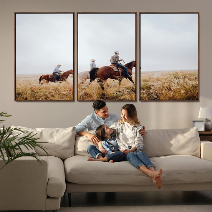 Three cowboys riding horses through a foggy prairie landscape, dressed in Western attire, evoking a rustic and adventurous Wild West aesthetic.