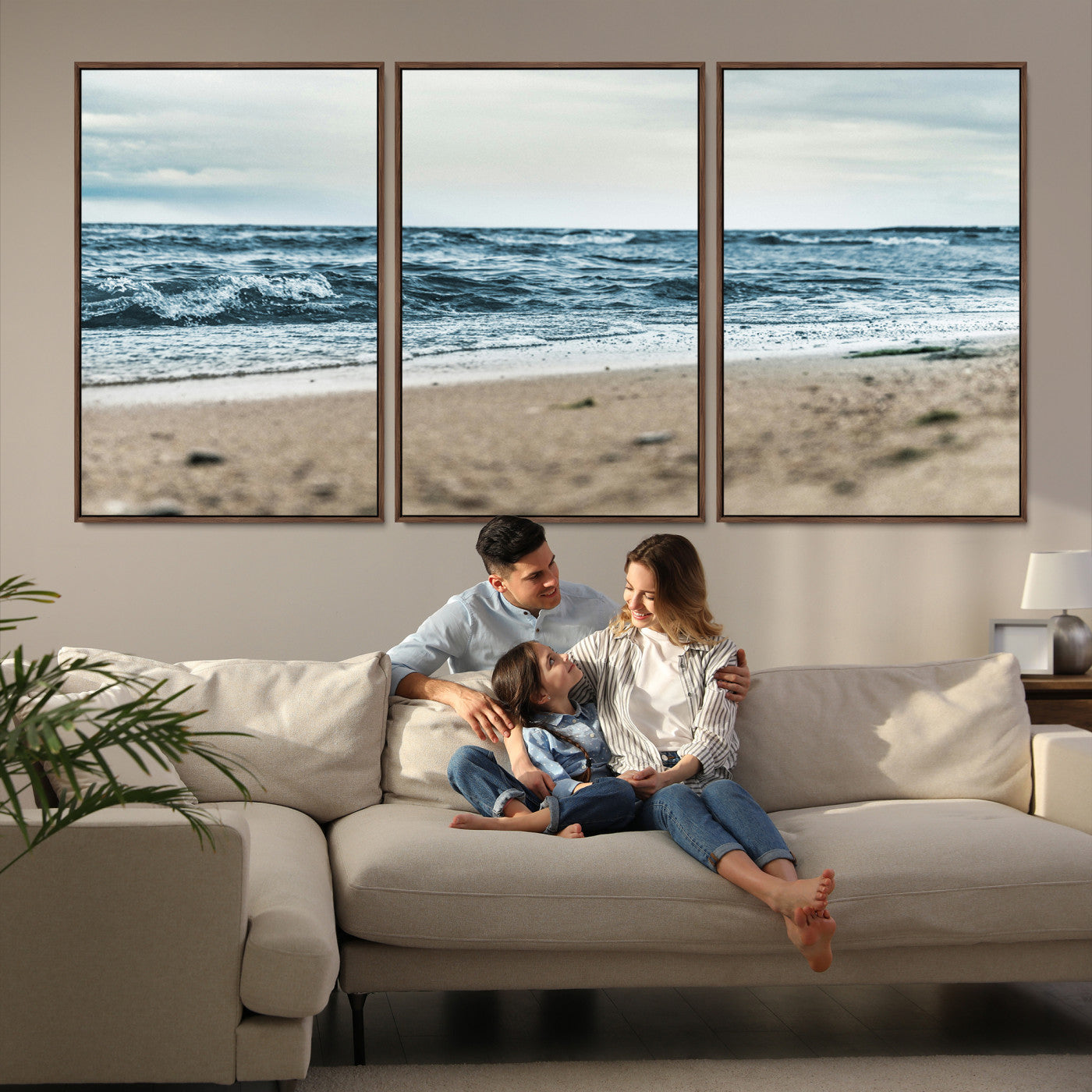 81812590-MGV-FC-60X30-3P-Ocean Wall Art Canvas Print, Framed Coastal Canvas Art Picture Print, Moody Seascape Perfect Coastal Minimalist Decor Artwork