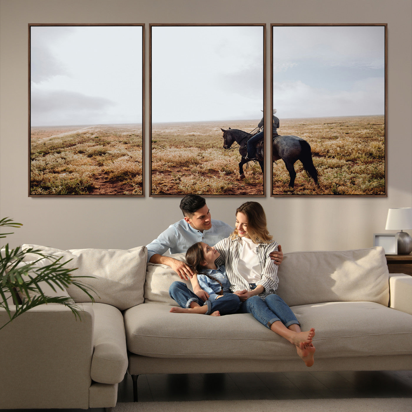 57597730-MGV-FC-60X30-3P-Cowboy Wall Art Wall Art Canvas Print, Framed Western Canvas Art Picture Print, Rustic Ranch Scene Perfect Rustic Western Decor Artwork