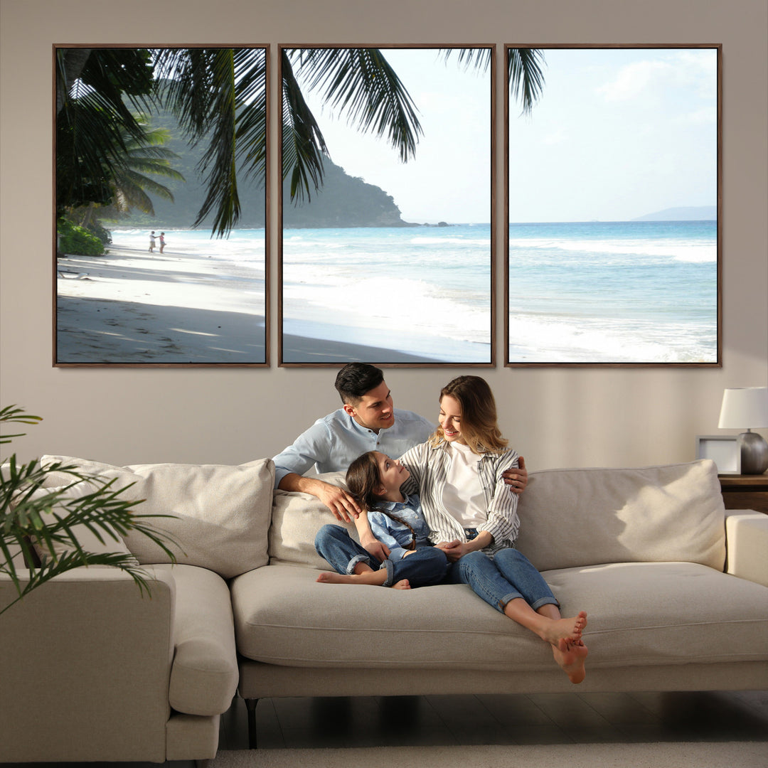 Tropical beach with palm tree shadows, white sand, and turquoise ocean waves, creating a serene and relaxing island escape atmosphere.