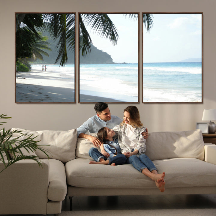 Tropical beach with palm tree shadows, white sand, and turquoise ocean waves, creating a serene and relaxing island escape atmosphere.