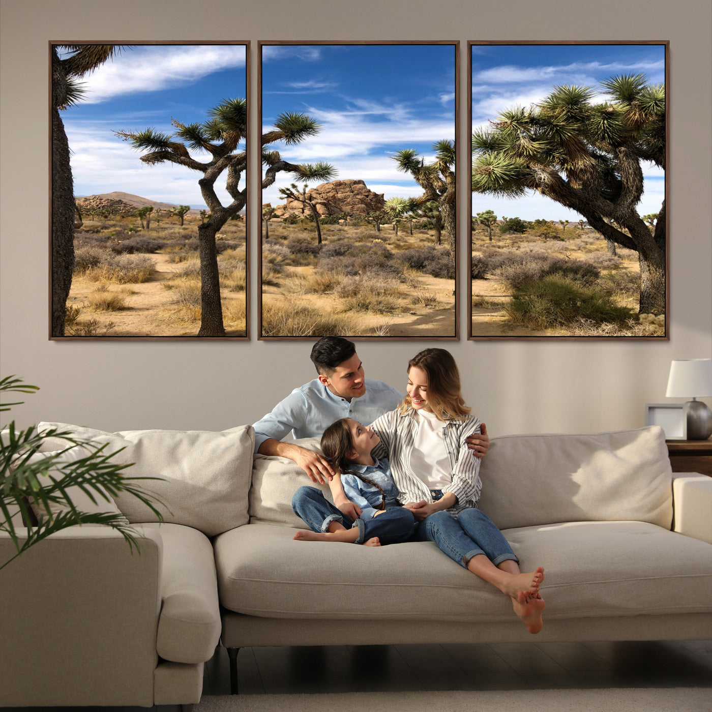 25722592-MGV-FC-60X30-3P-Joshua Tree Desert Wall Art Canvas Print, Framed Southwestern Nature Art Picture Print, Rustic Earth Tones Perfect Southwestern Boho Decor