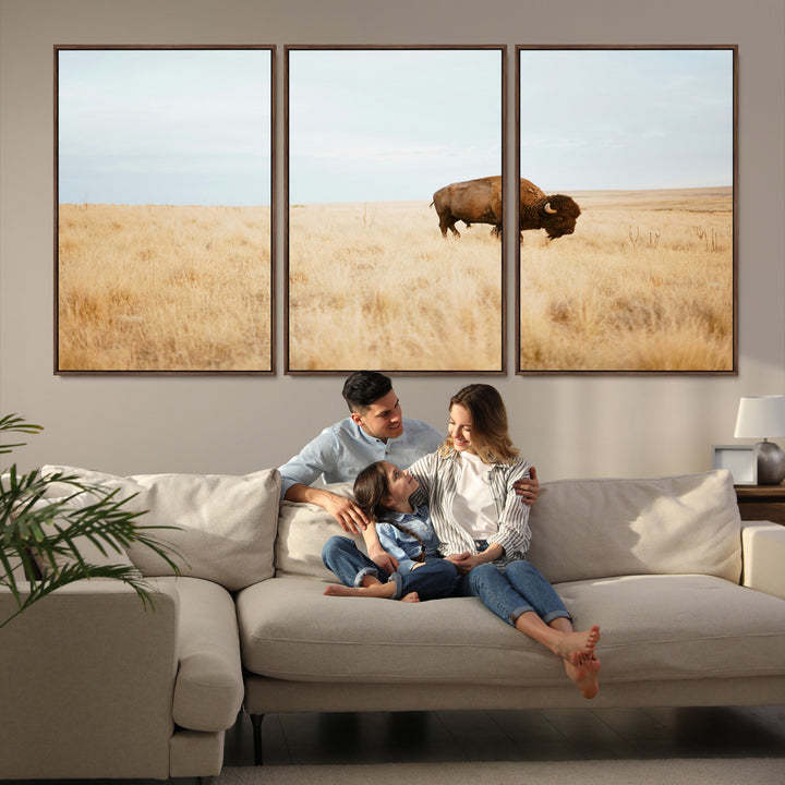 A lone bison standing in a vast golden grassland under a soft blue sky, evoking a rustic and Western aesthetic, ideal for farmhouse decor.