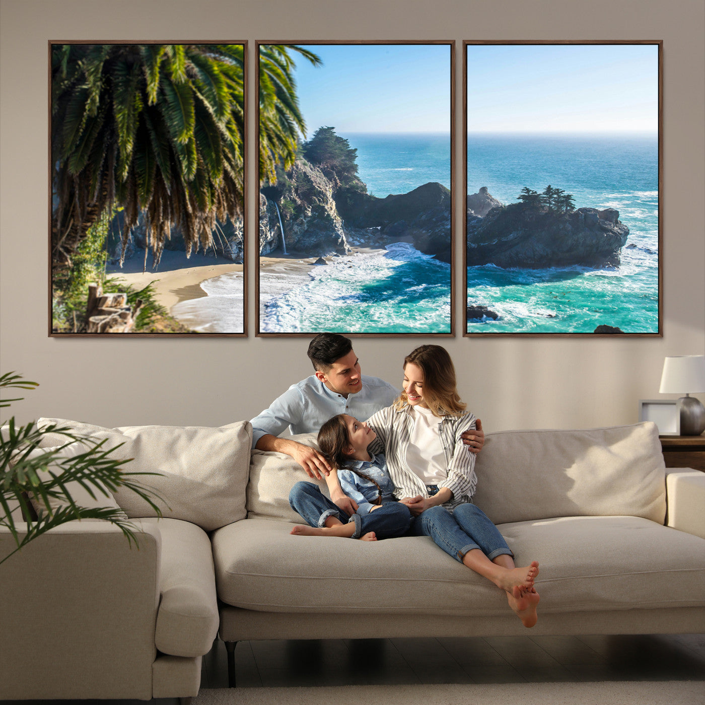 49714835-MGV-FC-60X30-3P-Big Sur Photography Wall Art Canvas Print, Framed California Coastline Art Picture Print, Tropical Seascape Perfect Coastal Minimalist Decor