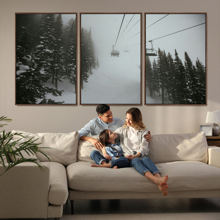 Ski Lift Wall Art Canvas Print, Framed Snowy Pines Art Picture Print, Misty Landscape Perfect Winter Serenity Decor Artwork
