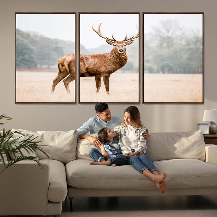 Vintage Wildlife Canvas Print, Framed Misty Landscape Art Picture Print, Deer Wall Art Perfect Rustic Wildlife Decor Artwork