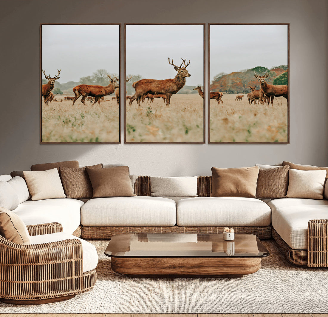 Rustic Deer Wall Art Canvas Print, Framed Autumn Forest Woodland Art, Wildlife Rustic Decor