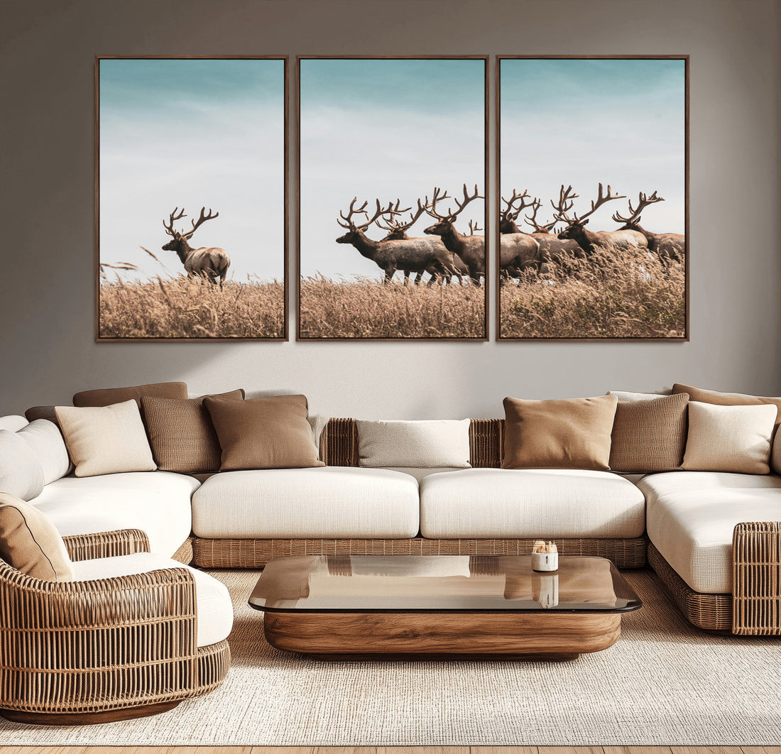 Elk Herd Wall Art Canvas Print, Framed Wildlife Photography Antler Art, Rustic Nature Wildlife Decor