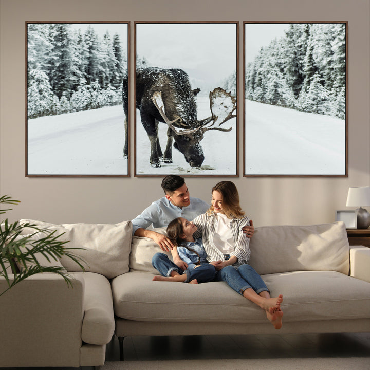 Moose in Snow Wall Art Canvas Print, Framed Winter Wildlife Art Picture Print, Snowy Forest Scene Perfect Rustic Lodge Decor Artwork