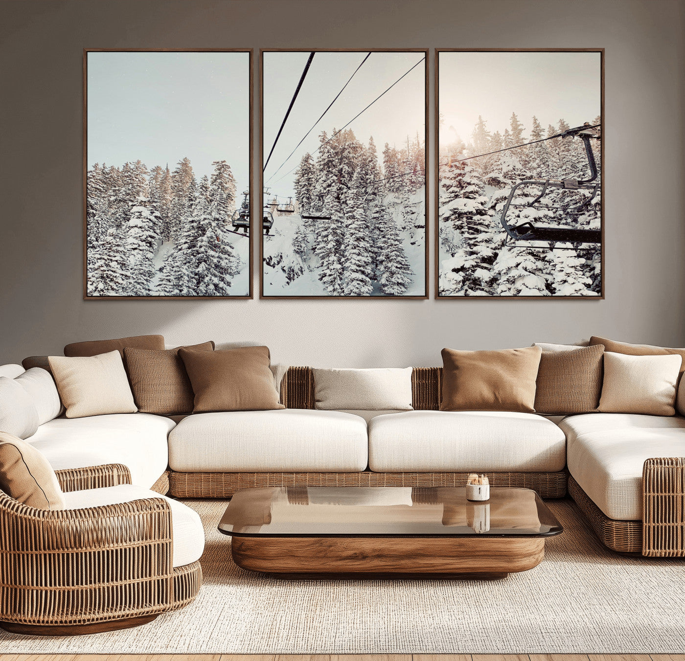 91534512-MGV-CV-36X24-Frosty Pines Wall Art Canvas Print – Framed Cozy Cabin Ski Lift Ride Winter Scene Artwork for Home Office