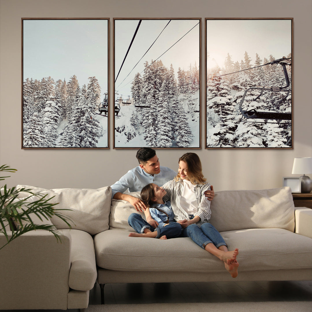 91534512-MGV-FC-60X30-3P_Walnut-Frosty Pines Wall Art Canvas Print, Framed Cozy Cabin View Art Picture Print, Ski Lift Ride Perfect Rustic Lodge Decor Artwork
